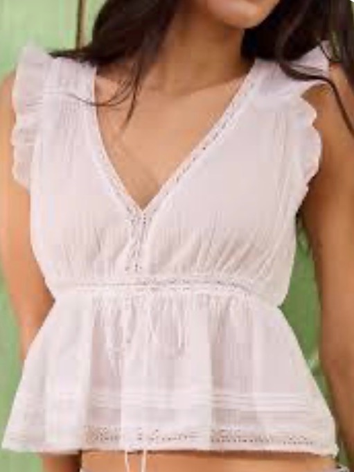 Ae Lace Trim Flutter Sleeve Blouse 100% Cotton - Xs